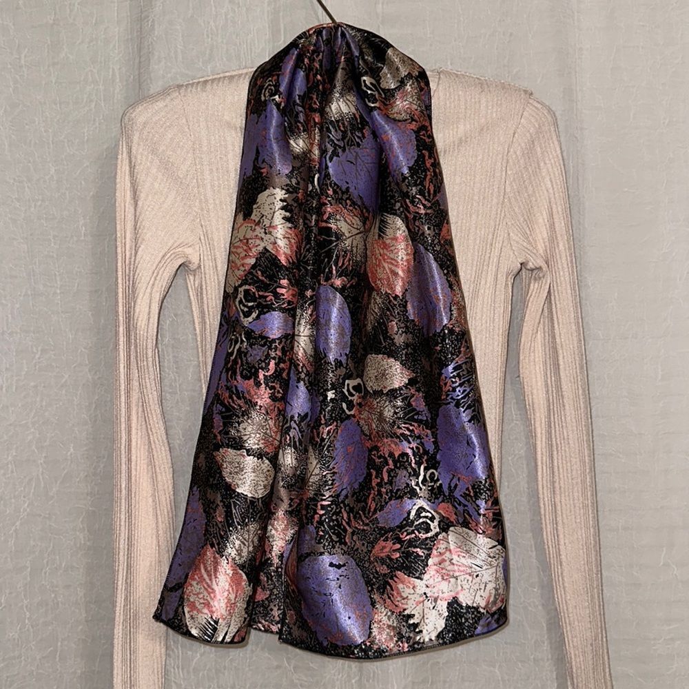 Beautiful Leaves Purple Ivory Brown Coral Black Tan Neck Purse Scarf